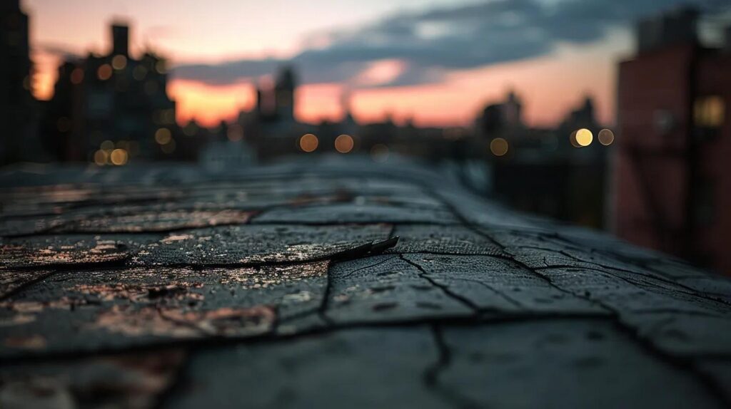 a close-up view of a textured rooftop, showcasing subtle signs of wear and damage, illuminated by dramatic overhead lighting that highlights cracks and discoloration, set against a blurred urban skyline background to emphasize the importance of roof maintenance in a city environment.