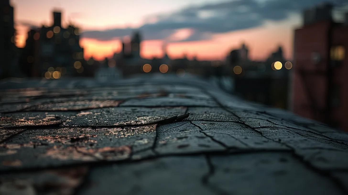 a close-up view of a textured rooftop, showcasing subtle signs of wear and damage, illuminated by dramatic overhead lighting that highlights cracks and discoloration, set against a blurred urban skyline background to emphasize the importance of roof maintenance in a city environment. a close-up view of a textured rooftop, showcasing subtle signs of wear and damage, illuminated by dramatic overhead lighting that highlights cracks and discoloration, set against a blurred urban skyline background to emphasize the importance of roof maintenance in a city environment.