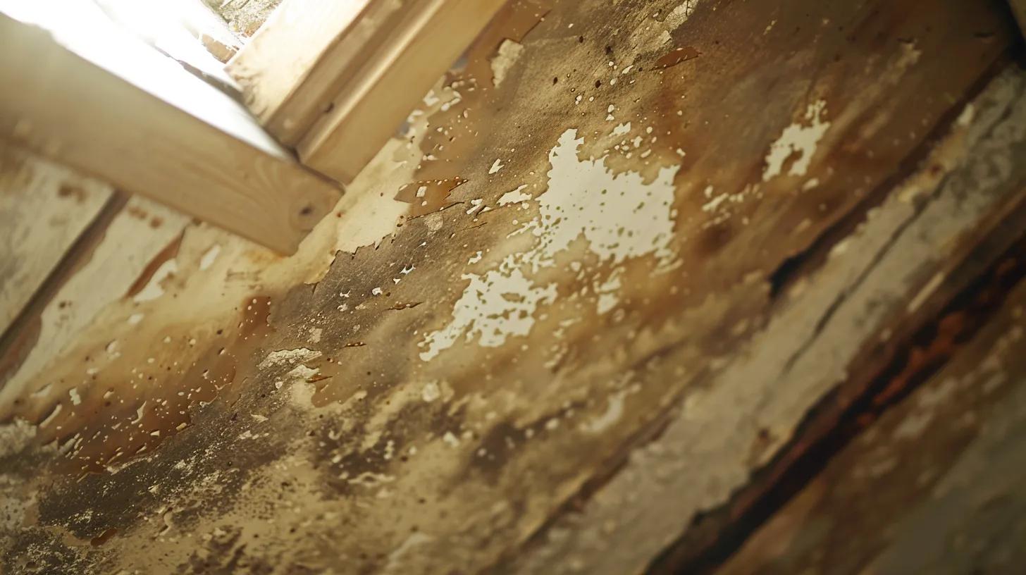 a close-up view of a well-lit attic, revealing a section of ceiling with prominent water stains, patches of mold, and damaged shingles, illustrating the unmistakable signs of a roof leak in an indoor environment. a close-up view of a well-lit attic, revealing a section of ceiling with prominent water stains, patches of mold, and damaged shingles, illustrating the unmistakable signs of a roof leak in an indoor environment.