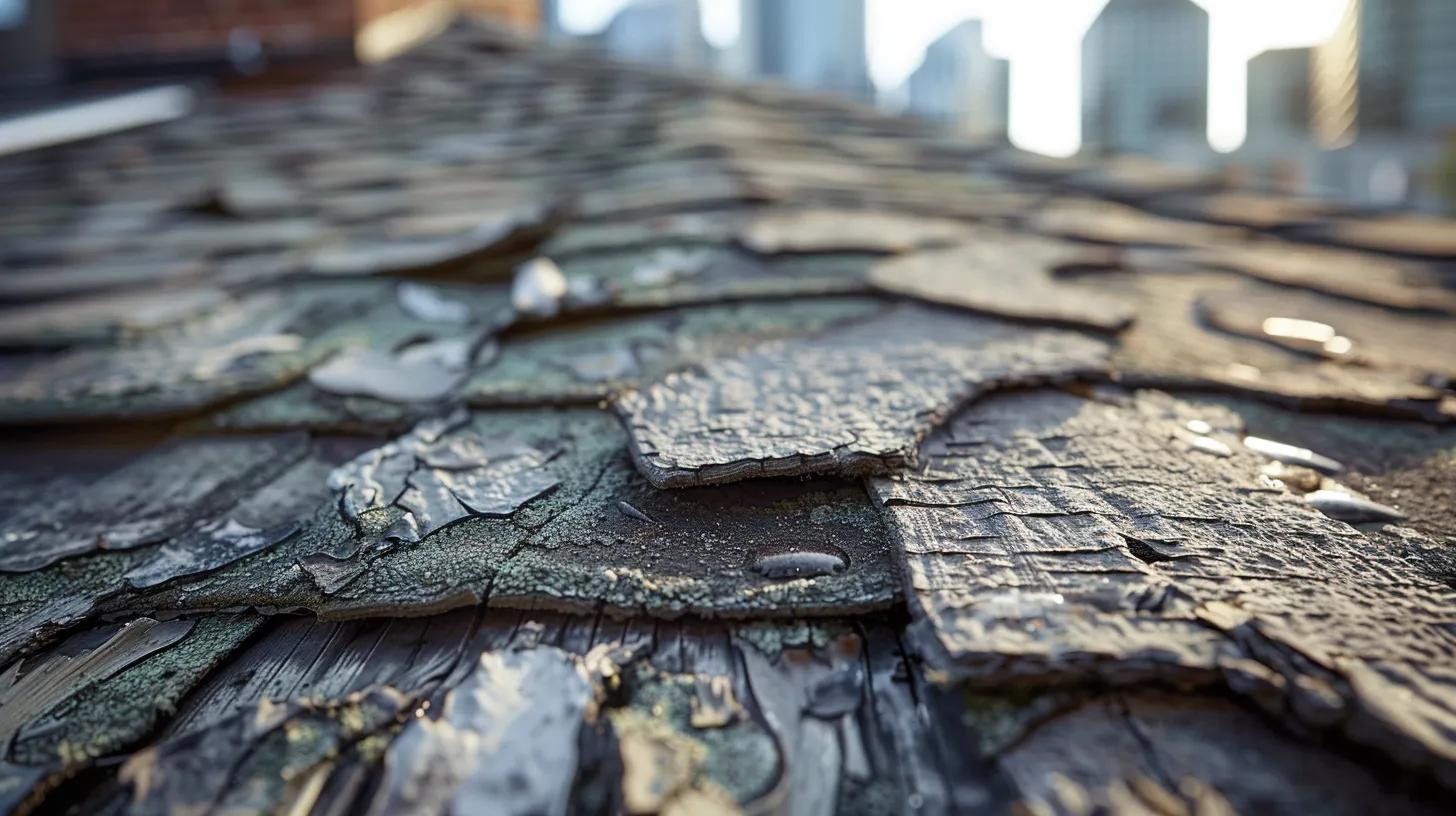 a detailed close-up of a weathered roof, showcasing cracked shingles and visible water stains, set against the backdrop of a modern urban skyline, emphasizing the critical need for early roof damage intervention. a detailed close-up of a weathered roof, showcasing cracked shingles and visible water stains, set against the backdrop of a modern urban skyline, emphasizing the critical need for early roof damage intervention.