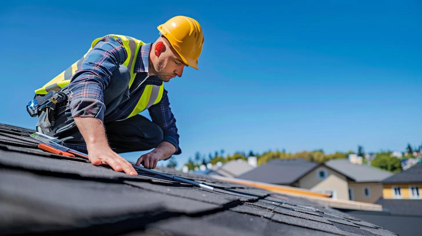 a detailed view of a professional roofer meticulously inspecting a modern residential roof, equipped with tools and safety gear, set against a backdrop of a clear blue sky and urban skyline, emphasizing the importance of preventative maintenance to avoid roof leaks. a detailed view of a professional roofer meticulously inspecting a modern residential roof, equipped with tools and safety gear, set against a backdrop of a clear blue sky and urban skyline, emphasizing the importance of preventative maintenance to avoid roof leaks.