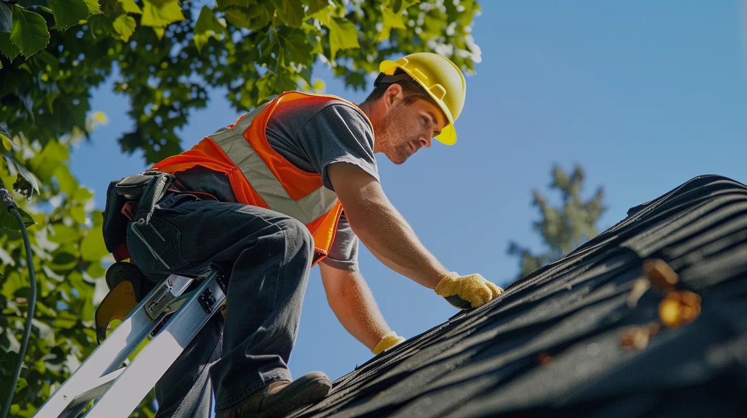 a focused homeowner, equipped with a sturdy ladder and safety gear, meticulously inspects a residential roof for signs of damage against a clear blue sky, highlighting the importance of diligent maintenance and safety in home ownership. a focused homeowner, equipped with a sturdy ladder and safety gear, meticulously inspects a residential roof for signs of damage against a clear blue sky, highlighting the importance of diligent maintenance and safety in home ownership.