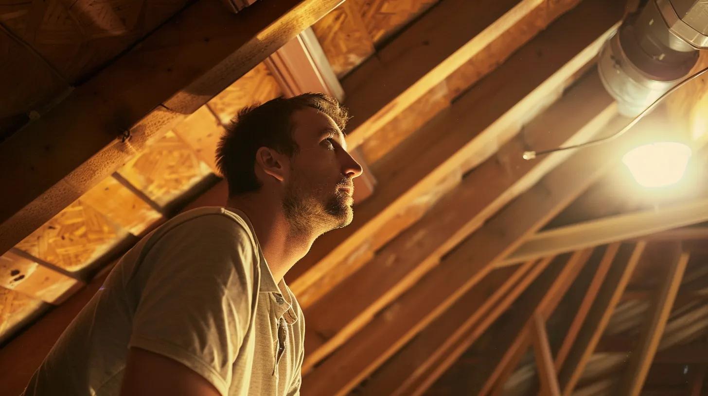 a focused interior shot shows a homeowner inspecting a ceiling for water stains in a modern attic, illuminated by a warm light, emphasizing the urgency of identifying roof leaks. a focused interior shot shows a homeowner inspecting a ceiling for water stains in a modern attic, illuminated by a warm light, emphasizing the urgency of identifying roof leaks.