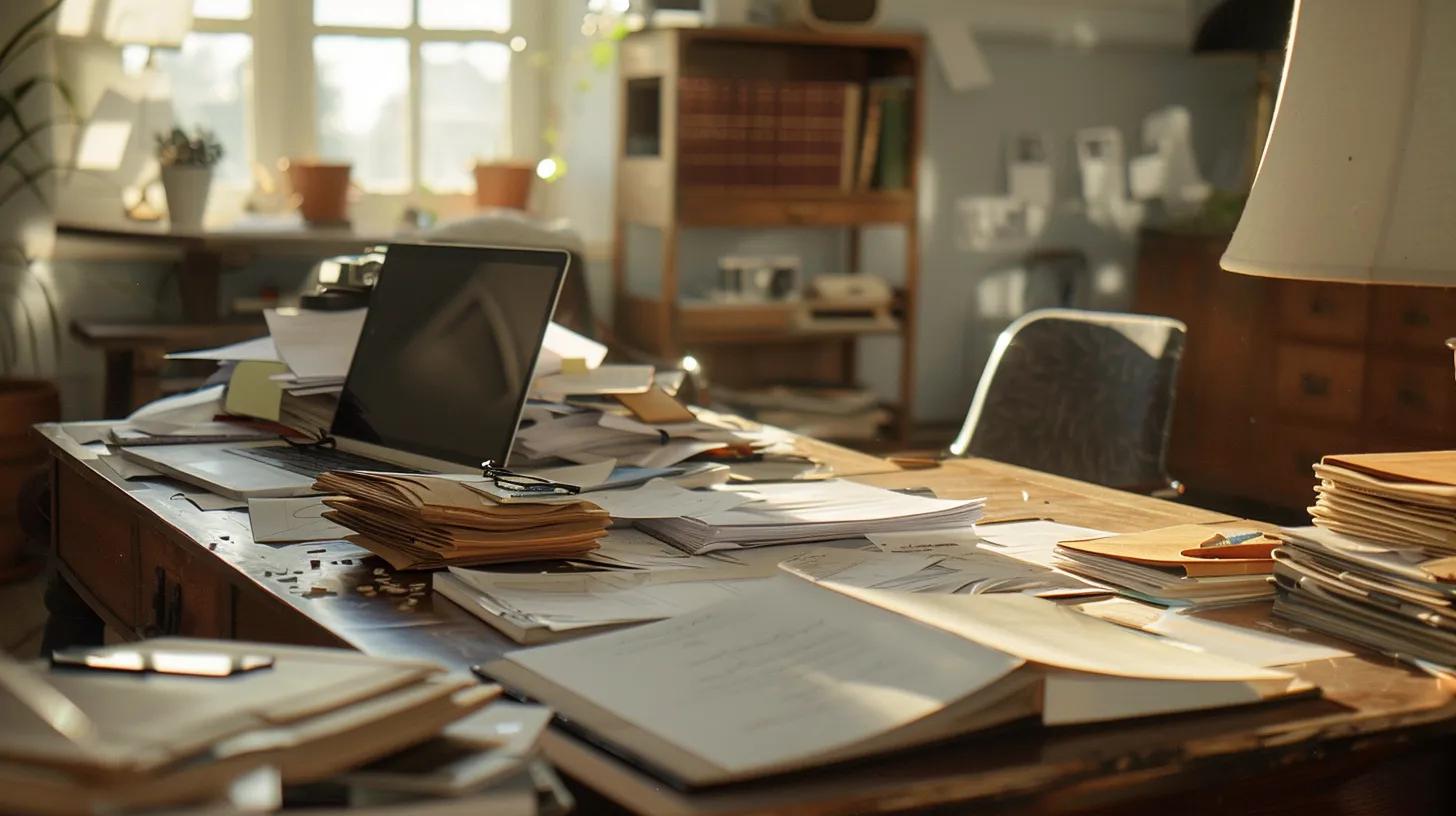 a focused, professional office environment showcases a homeowner meticulously organizing documents and photographs of roof leak damage, surrounded by insurance paperwork and a laptop, emphasizing the importance of thorough documentation in the insurance claims process. a focused, professional office environment showcases a homeowner meticulously organizing documents and photographs of roof leak damage, surrounded by insurance paperwork and a laptop, emphasizing the importance of thorough documentation in the insurance claims process.