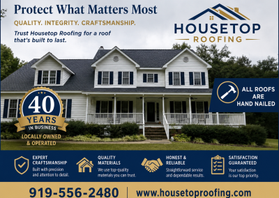 Housetop Roofing ad showing a farmhouse with a new roof, 40 years in business, and all roofs hand nailed.