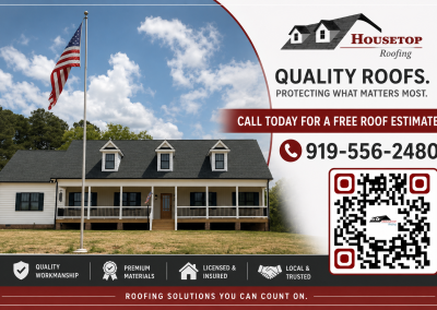 Housetop Roofing ad for free roof estimates featuring a farmhouse, American flag, phone number, and QR code.