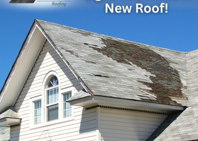 Aging roof with curling, missing, and discolored shingles above white siding, titled Signs You Need a New Roof.
