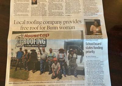 Wake Weekly front page story about Housetop Roofing providing a free roof for a Bunn woman.